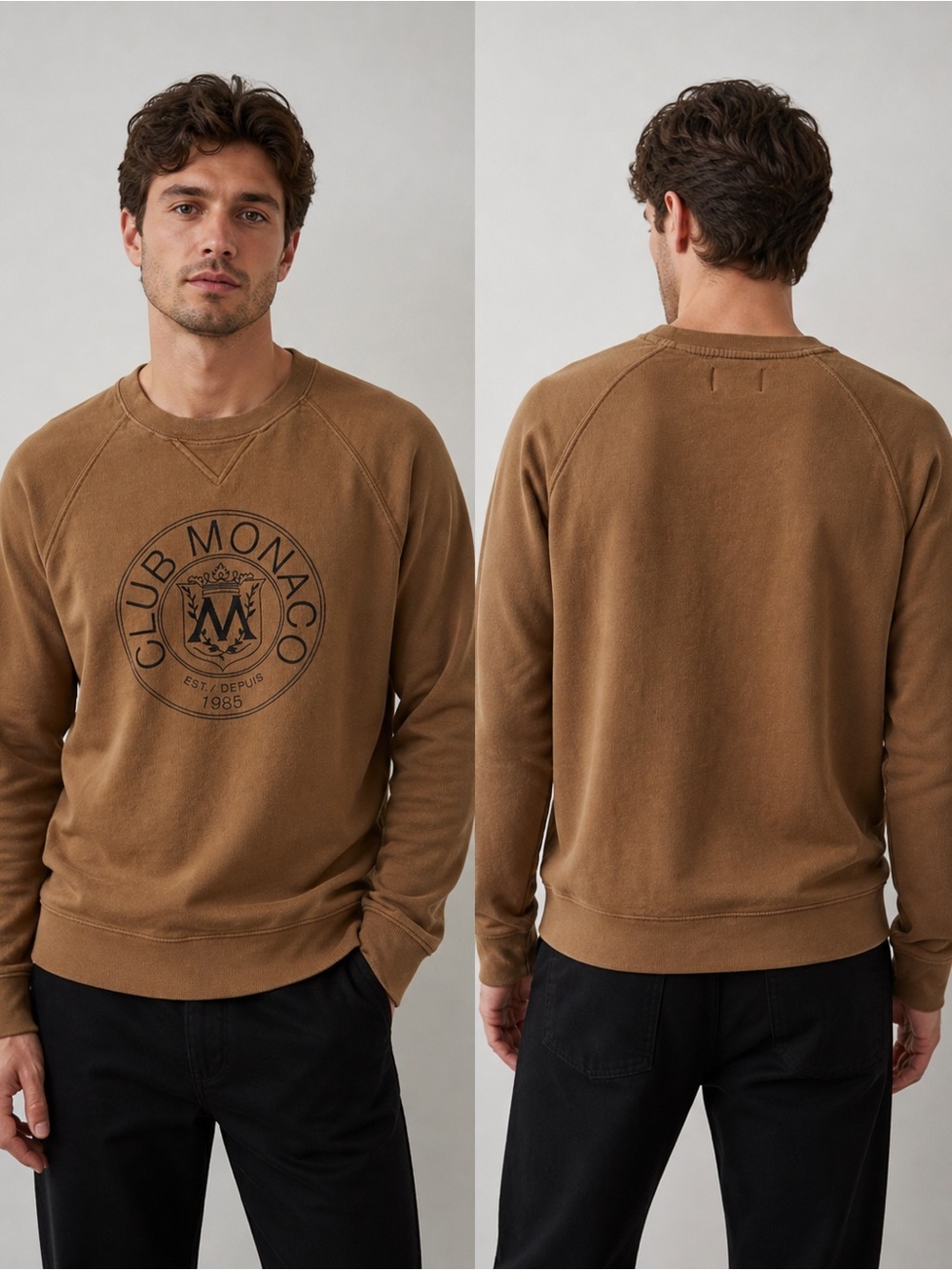 Club Monaco Heritage Crest Sweatshirt Size Large | Tan with black 1985 Crest